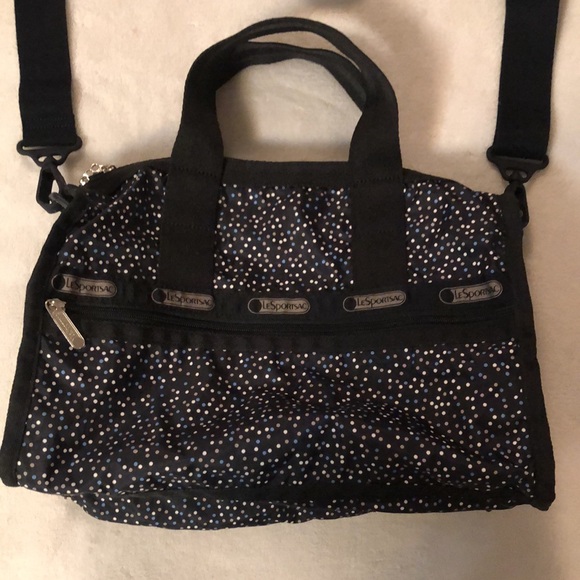LeSportsac polka dot black zipper cross body bag w lt blue, white, and tan dots - Picture 2 of 14